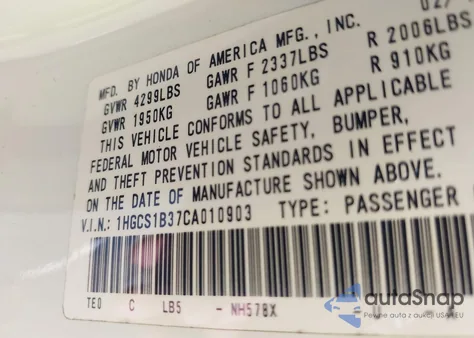 2012 Honda Accord 2.4 Lx-S z USA, uszkodzony, nr VIN 1HGCS1B37CA010903